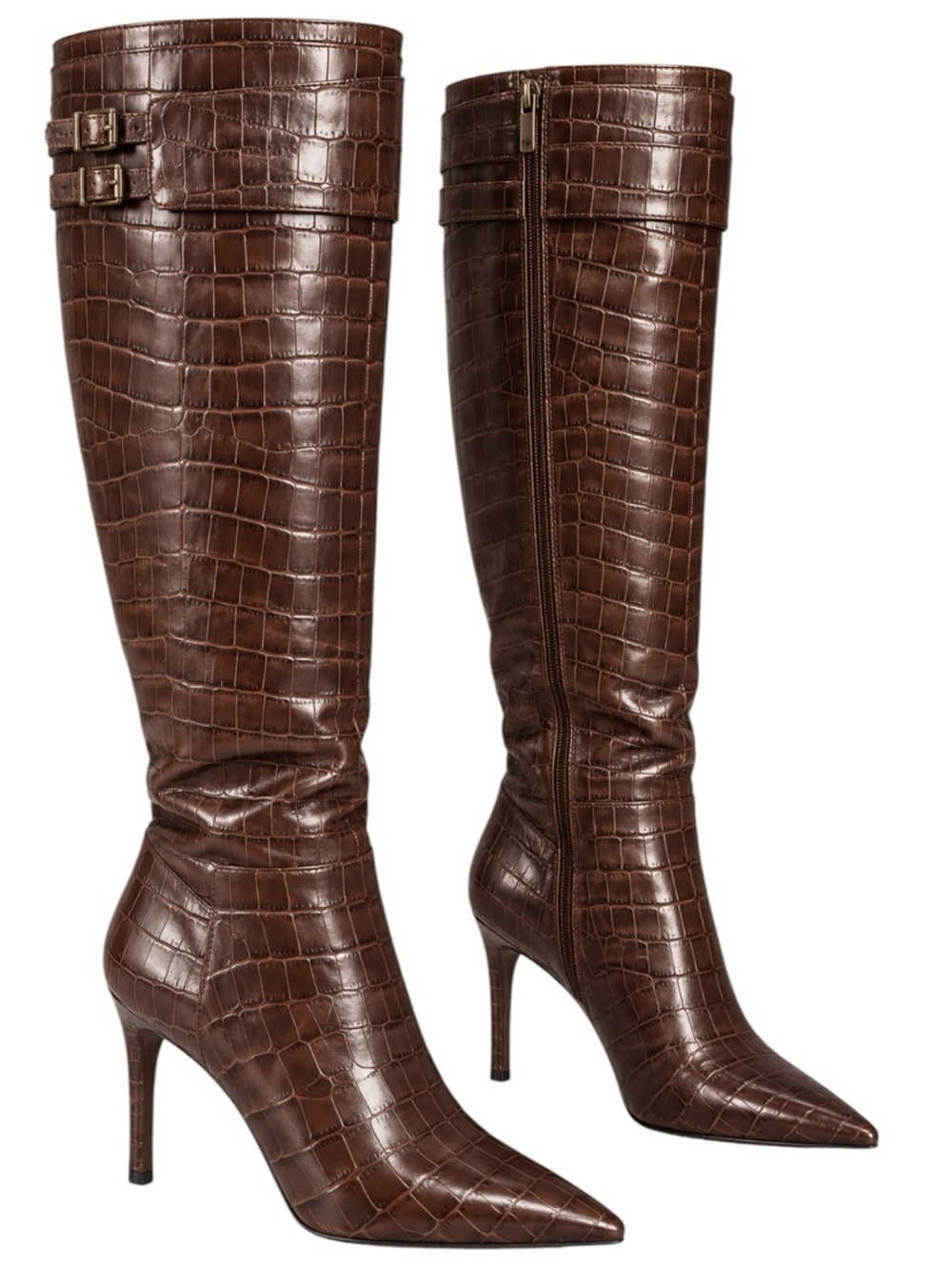 Lauren Ralph Lauren Alston Brown Croc Embossed Leather Knee High Stiletto Boots